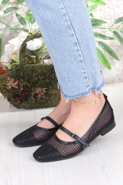 Fort 402 Ceyn Fileli Triko Toka Detaylı Şık Ev İş Ofis Rahat Günlük Ayakkabı Kadın Babet - Resim 2