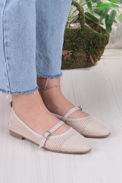 Fort 402 Ceyn Fileli Triko Toka Detaylı Şık Ev İş Ofis Rahat Günlük Ayakkabı Kadın Babet - Resim 9