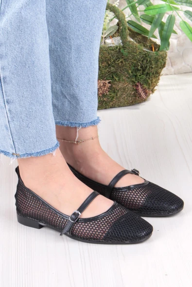 Fort 402 Ceyn Fileli Triko Toka Detaylı Şık Ev İş Ofis Rahat Günlük Ayakkabı Kadın Babet - Resim 3