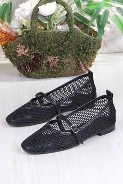 Fort 402 Ceyn Fileli Triko Toka Detaylı Şık Ev İş Ofis Rahat Günlük Ayakkabı Kadın Babet - Resim 5