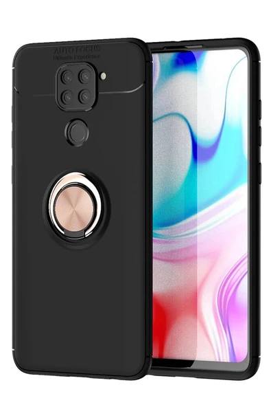 Xiaomi Redmi Note 9 Kılıf Range Yüzüklü Silikon - Siyah-Gold - 1