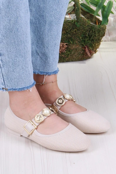 Fort 410 Ceyn Triko Toka Detaylı Şık Ev İş Ofis Rahat Günlük Ayakkabı Kadın Babet - Resim 9