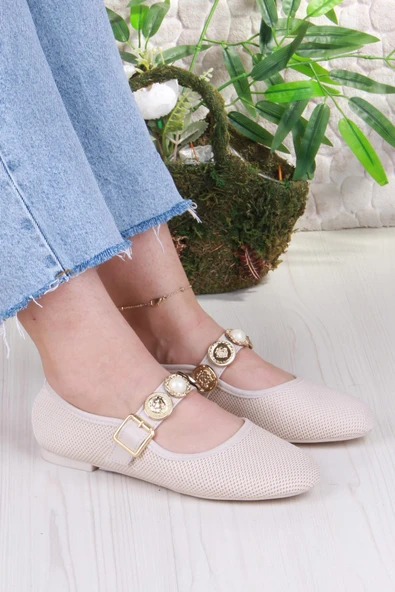 Fort 410 Ceyn Triko Toka Detaylı Şık Ev İş Ofis Rahat Günlük Ayakkabı Kadın Babet - Resim 7