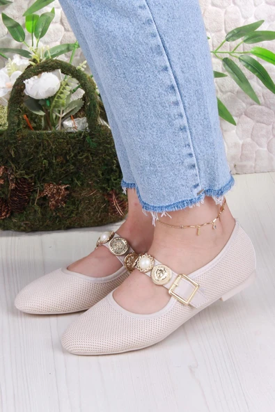 Fort 410 Ceyn Triko Toka Detaylı Şık Ev İş Ofis Rahat Günlük Ayakkabı Kadın Babet - Resim 8