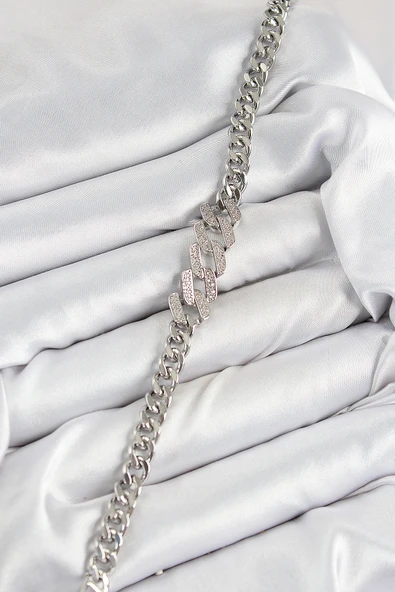 Pirinç Zirkon Taşlı Ezme Küba Zincir Model Gümüş Renk Kadın Bileklik - TJ-BB7550 - Resim 2