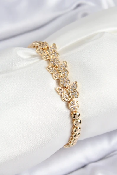 Pirinç Zirkon Taşlı Kelebek Model Gold Renk Kadın Bileklik - TJ-BB7541 - 1