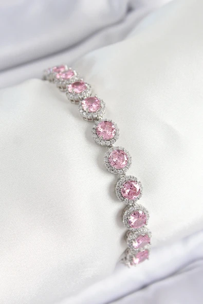 Pirinç Pembe Zirkon Taşlı Daire Baget Model Gümüş Renk VIP Seri Kadın Bileklik ürün görseli