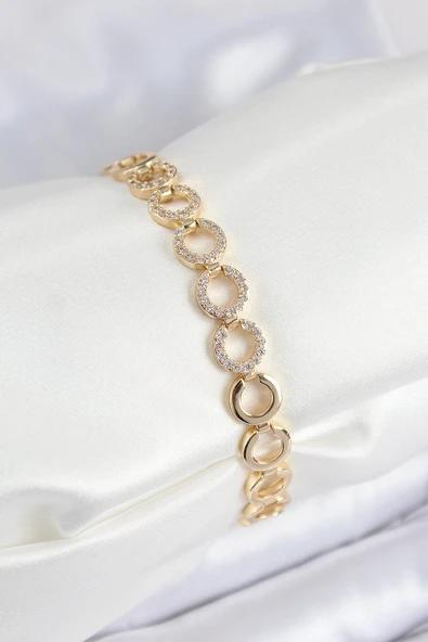 Pirinç Zirkon Taşlı Sıralı Halka Model Gold Renk Kadın Bileklik ürün görseli