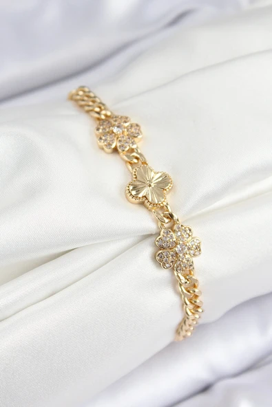 Pirinç Zirkon Taşlı Yonca Model Gold Renk Kadın Bileklik ürün görseli