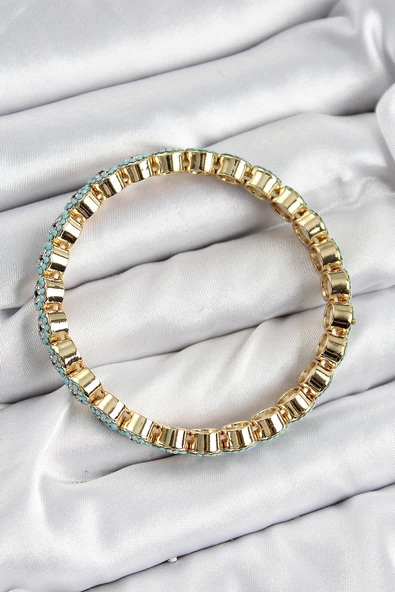 Pirinç Zirkon Taşlı Turkuaz Nazar Model Gold Renk Lastikli Kadın Bileklik - Resim 2