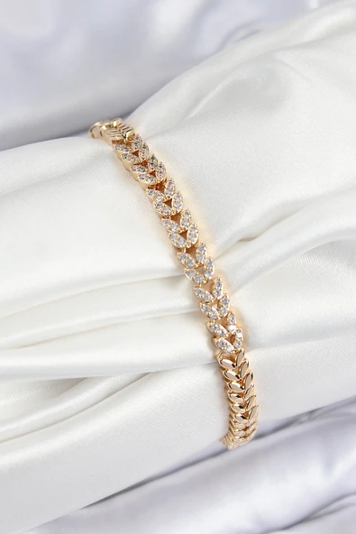 Pirinç Zirkon Taşlı Sıralı Yaprak Model Gold Renk Kadın Bileklik ürün görseli 1