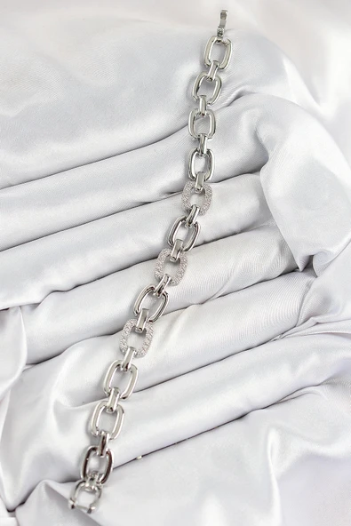 Pirinç Zirkon Taşlı Parçalı Zincir Model Gümüş Renk Kadın Bileklik - Resim 2