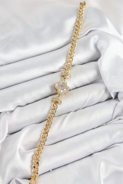 Pirinç Zirkon Taşlı Yonca Model Gold Renk Kadın Bileklik - Resim 2