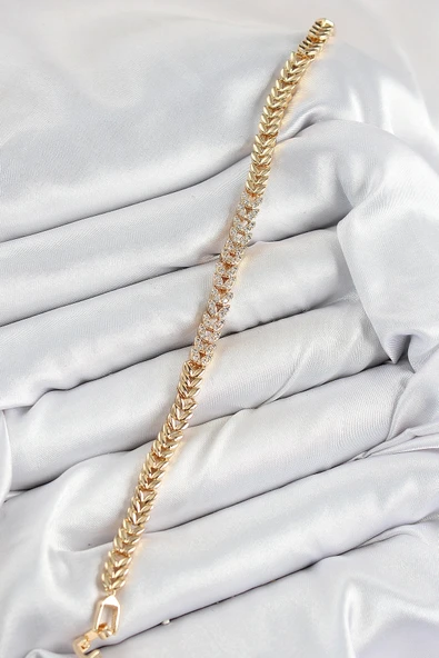 Pirinç Zirkon Taşlı Sıralı Yaprak Model Gold Renk Kadın Bileklik - Resim 2