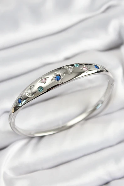 Pirinç Zirkon Taşlı Kutup Yıldızı Ve Hilal Model Gümüş Renk Kadın Kelepçe ürün görseli