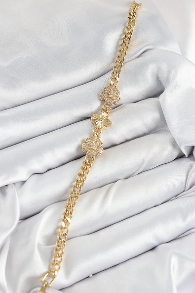 Pirinç Zirkon Taşlı Yonca Model Gold Renk Kadın Bileklik - Resim 2