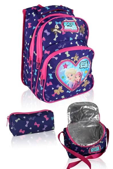 Lugmo 3 Lü İlkokul Çanta Seti Kız Çocuk Çantası Astarlı Love Sue Mor-Pembe - 1