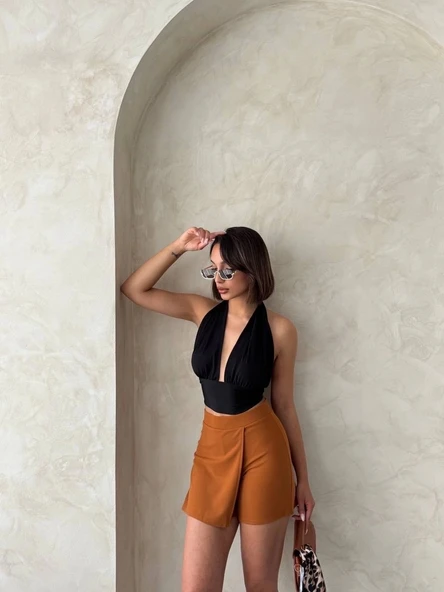 Kapaklı şort etek camel s208 - 7