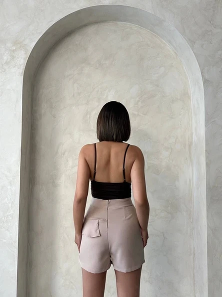 Valonlu fırfırlı şort bej s24683 - 3