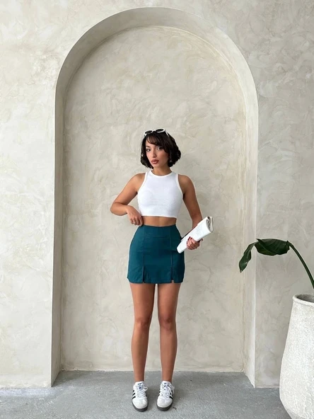 Çift yırtmaçlı atlas şort etek petrol yeşili s240364 - Resim 3