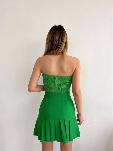 Pileli düğmeli etek açık yeşil s24811 - 2