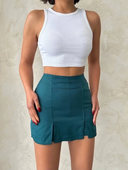 Çift yırtmaçlı atlas şort etek petrol yeşili s240364 - Resim 6