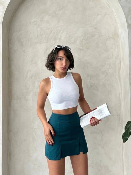 Çift yırtmaçlı atlas şort etek petrol yeşili s240364 - Resim 2