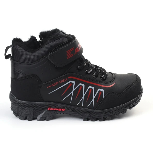 Unisex Çocuk Siyah Kırmızı İçi Kürklü Kışlık Termo Taban Suya Soğuğa Dayanıklı Günlük Rahat Outdoor Bot - Resim 2