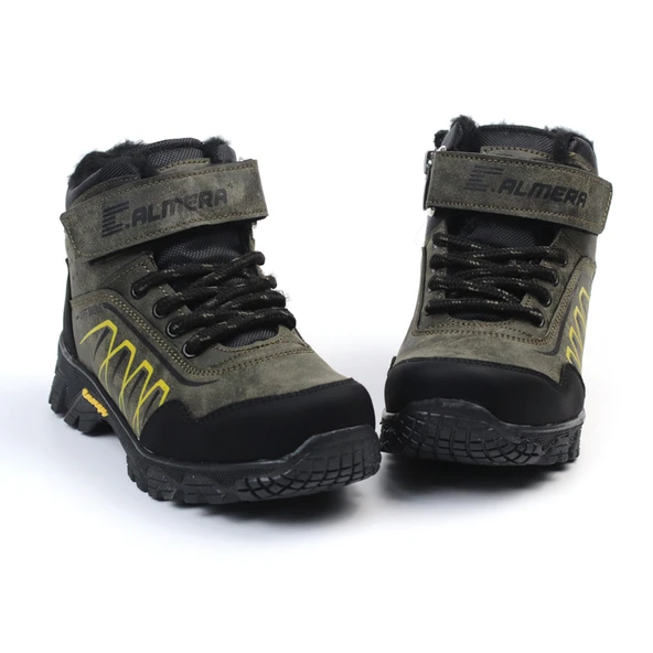 Unisex Çocuk Haki Siyah İçi Kürklü Kışlık Termo Taban Suya Soğuğa Dayanıklı Günlük Rahat Outdoor Bot - Resim 3