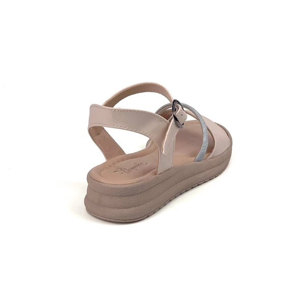 Kadın Krem Taşlı Dolgu Topuklu Sandalet 3 Cm Günlük Rahat - Resim 5