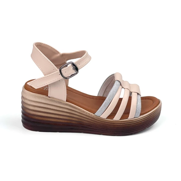 Kadın Krem Taşlı Dolgu Topuklu Sandalet 6 Cm Rahat Yüksek Topuklu - Resim 2