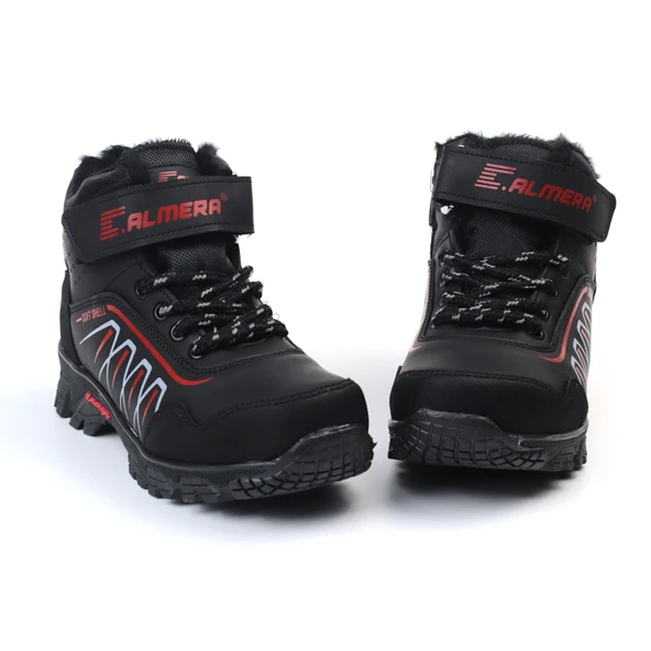 Unisex Çocuk Siyah Kırmızı İçi Kürklü Kışlık Termo Taban Suya Soğuğa Dayanıklı Günlük Rahat Outdoor Bot - Resim 3