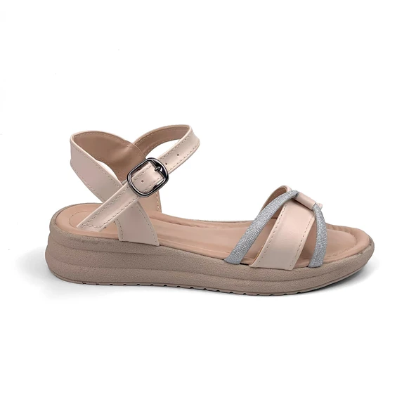 Kadın Krem Taşlı Dolgu Topuklu Sandalet 3 Cm Günlük Rahat - Resim 2