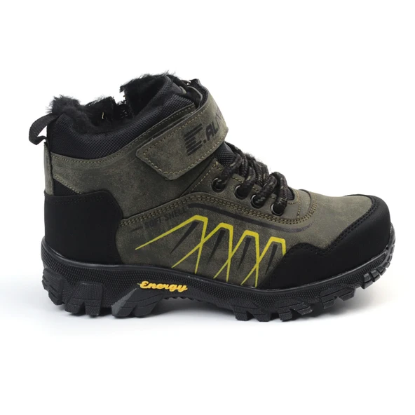 Unisex Çocuk Haki Siyah İçi Kürklü Kışlık Termo Taban Suya Soğuğa Dayanıklı Günlük Rahat Outdoor Bot - Resim 2