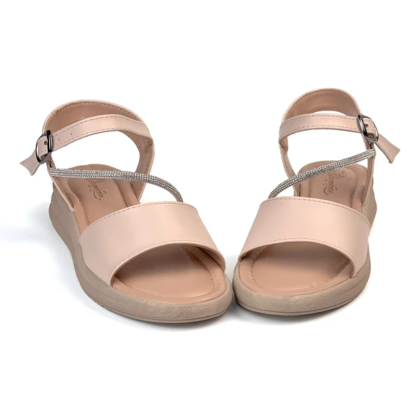 Kadın Krem Taşlı Dolgu Topuklu Sandalet 3 Cm Günlük Rahat - Resim 4