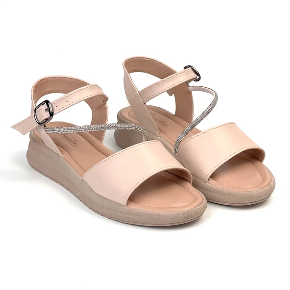 Kadın Krem Taşlı Dolgu Topuklu Sandalet 3 Cm Günlük Rahat - Resim 3