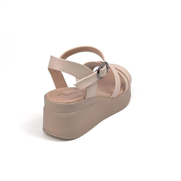 Kadın Krem Dolgu Topuklu Sandalet 6 Cm Rahat Yüksek Topuklu - Resim 5