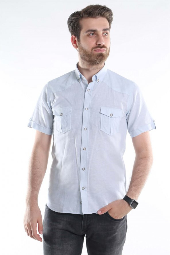 Pamuklu Slim Fit Cepli Erkek Kısa Kollu Gömlek