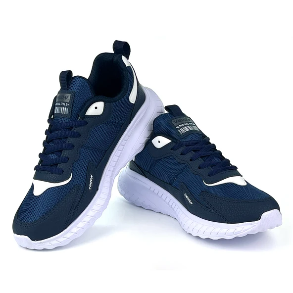 Erkek Lacivert Beyaz Bağcıklı Esnek Hafif Günlük Sneaker Spor Ayakkabı - Resim 2