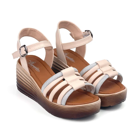 Kadın Krem Taşlı Dolgu Topuklu Sandalet 6 Cm Rahat Yüksek Topuklu - Resim 3