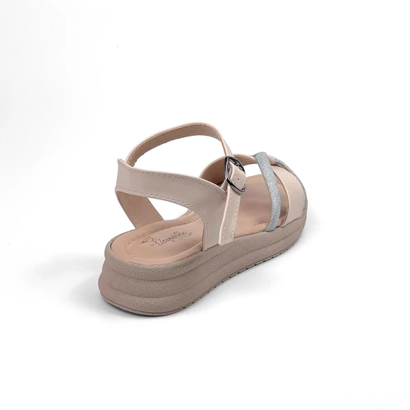 Kadın Krem Taşlı Dolgu Topuklu Sandalet 3 Cm Günlük Rahat - Resim 5