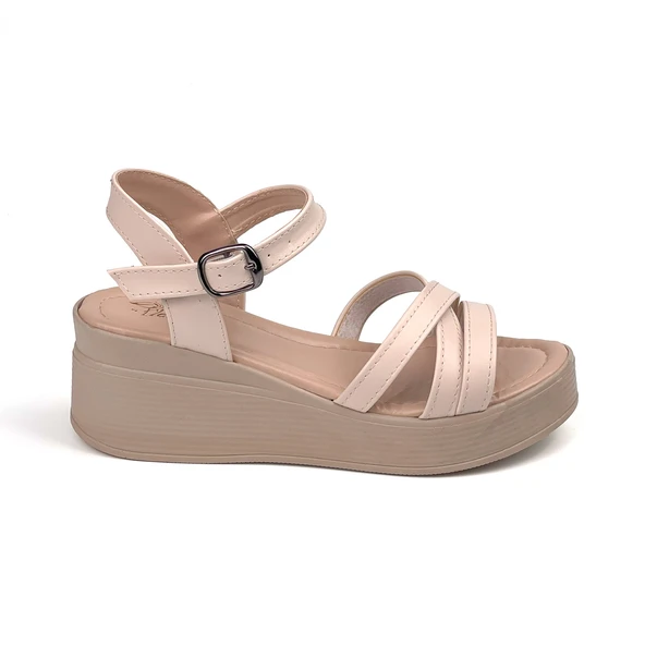 Kadın Krem Dolgu Topuklu Sandalet 6 Cm Rahat Yüksek Topuklu - Resim 2