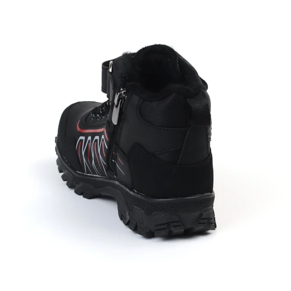 Unisex Çocuk Siyah Kırmızı İçi Kürklü Kışlık Termo Taban Suya Soğuğa Dayanıklı Günlük Rahat Outdoor Bot - Resim 4