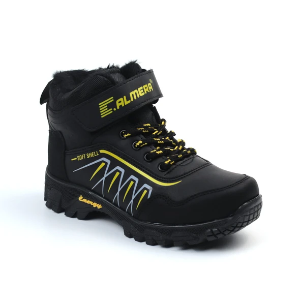 Unisex Çocuk Siyah Sarı İçi Kürklü Kışlık Termo Taban Suya Soğuğa Dayanıklı Günlük Rahat Outdoor Bot