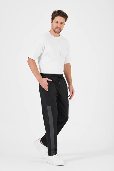Erkek Siyah-Antrasit Standart Fit Normal Kesim Düz Paça Cep Fermuarlı Rahat Jogger 2'li Eşofman Altı - 6