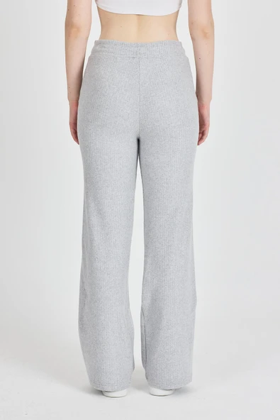 Gri Fitilli Geniş Paça Kaşkorse Yüksek Bel Cepli Kadın Eşofman Altı - Resim 7