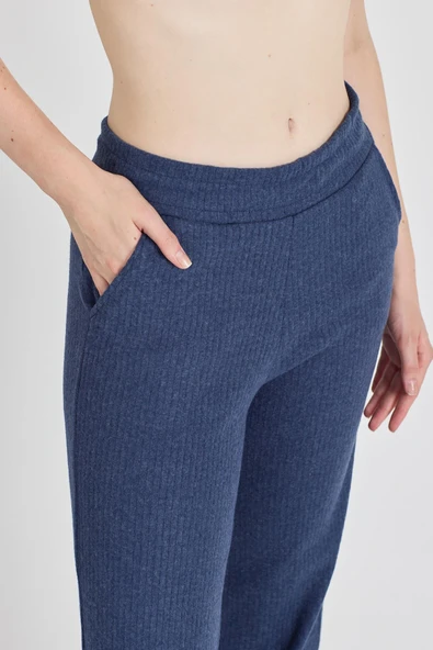 İndigo Fitilli Geniş Paça Kaşkorse Yüksek Bel Cepli Kadın Eşofman Altı - 6