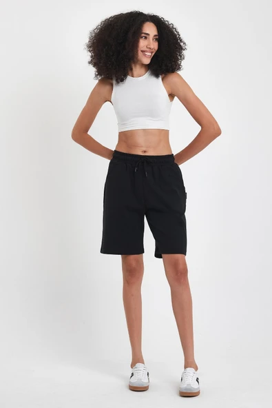 2'li Kadın Rahat Kesim Beli Lastikli Mevsimlik Yumuşak Kumaş Cepli Siyah-Gri Uzun Bermuda Şort - Resim 2