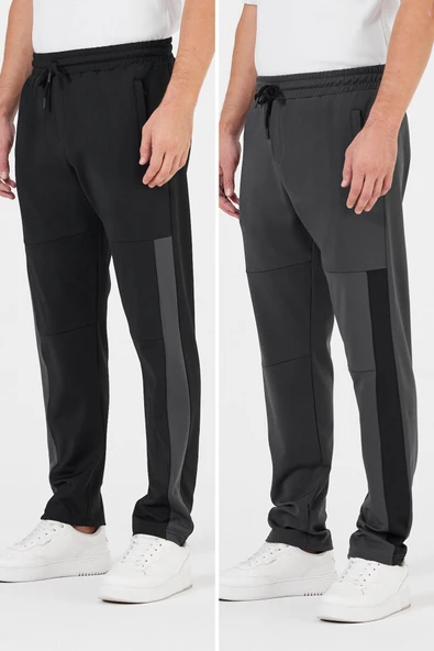 Erkek Siyah-Antrasit Standart Fit Normal Kesim Düz Paça Cep Fermuarlı Rahat Jogger 2'li Eşofman Altı ürün görseli