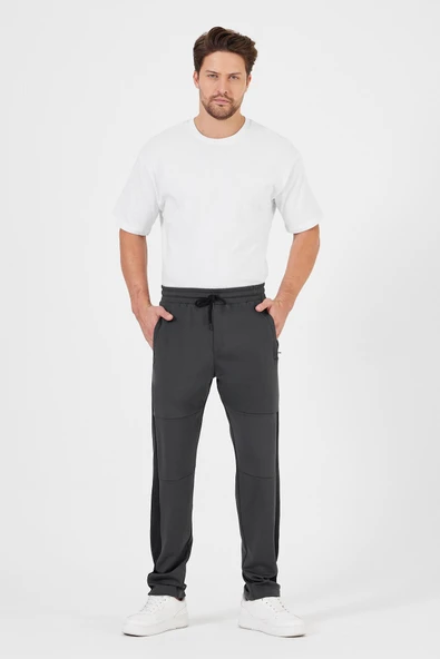 Erkek Siyah-Antrasit Standart Fit Normal Kesim Düz Paça Cep Fermuarlı Rahat Jogger 2'li Eşofman Altı - Resim 5